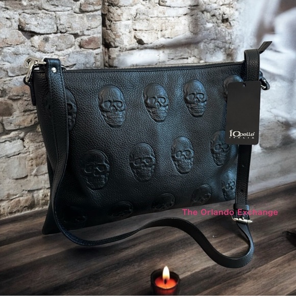 IO Pelle Handbags - IO Pelle Skulls Black Leather Crossbody Bag